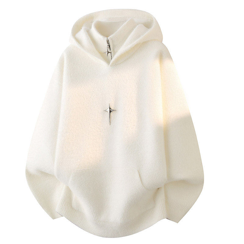 假两件半拉链连帽毛衣男秋冬季加厚针织衫男宽松套头保暖毛衣白色