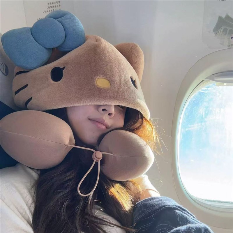 Kitty猫u型枕连帽遮光靠枕女生长途飞机高铁颈Q枕旅行出游可携式