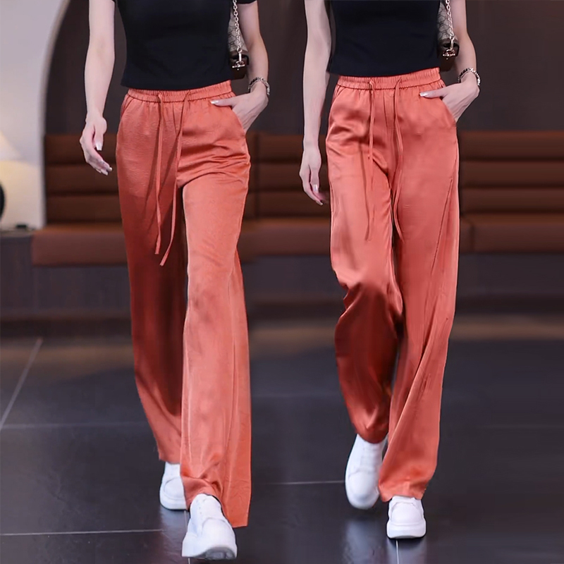 冰丝醋酸窄版阔腿裤女夏薄款宽松2025新款高腰垂感九分休闲直筒裤