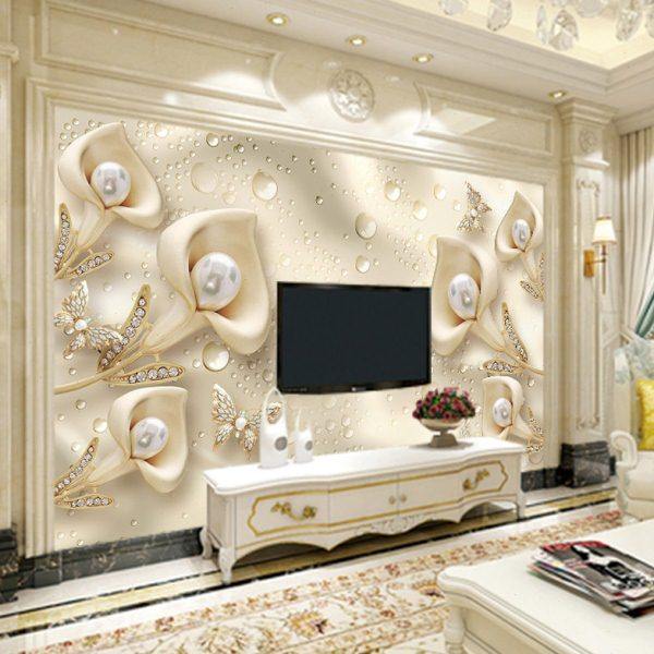 欧式奢华浮雕电视背景墙纸壁纸现代大气马蹄莲客厅装饰镶钻8d壁画