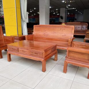 雕花全实木客厅非洲红木沙发新中式家具木格榫卯结构沙发菠萝格