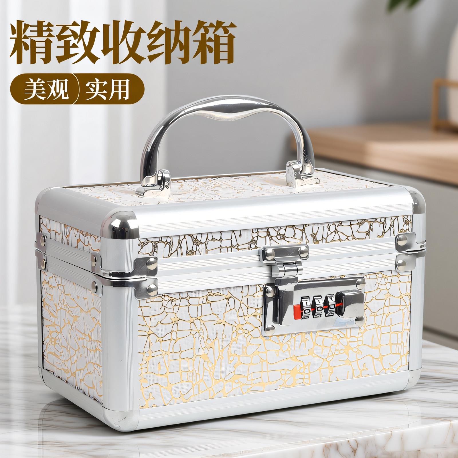 高档手提收纳箱铝合金密码锁化妆盒首饰盒精致办公室桌面收纳箱