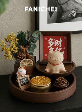 FANICHE2026榉木招财猫家居玄关桌面工艺品装饰摆件套组朋友送礼