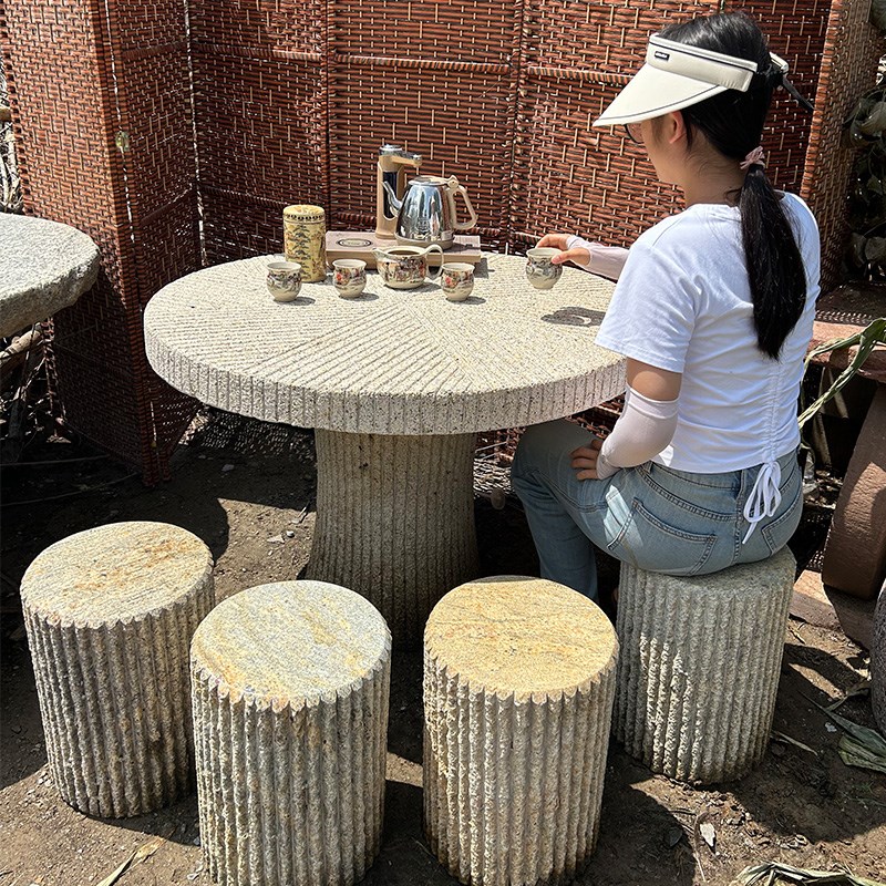 石磨茶桌茶台覆古石雕桌子凳子室内茶F盘茶海户外圆形石桌石凳摆