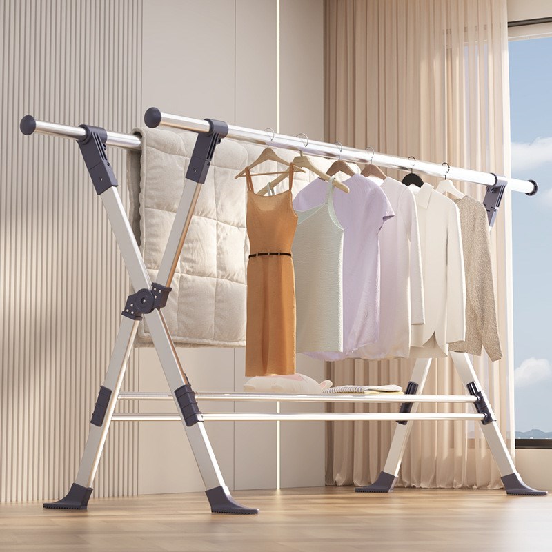 折叠晾衣架c落地室内家用阳台不锈钢户外伸缩杆晒被子神器挂衣架