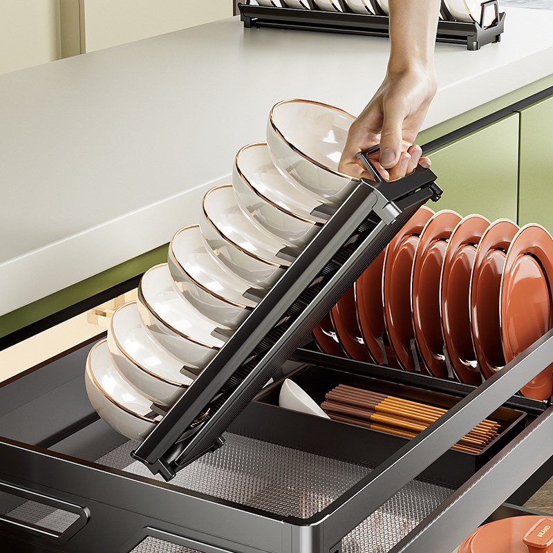 束丰家居厨房碗碟l置物架橱柜提拉式碗盘筷勺子收纳架沥水家用改
