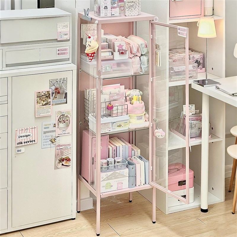 多巴胺收纳柜铁皮玻璃开门式窄款小客厅卧室书桌夹V缝储物展示柜