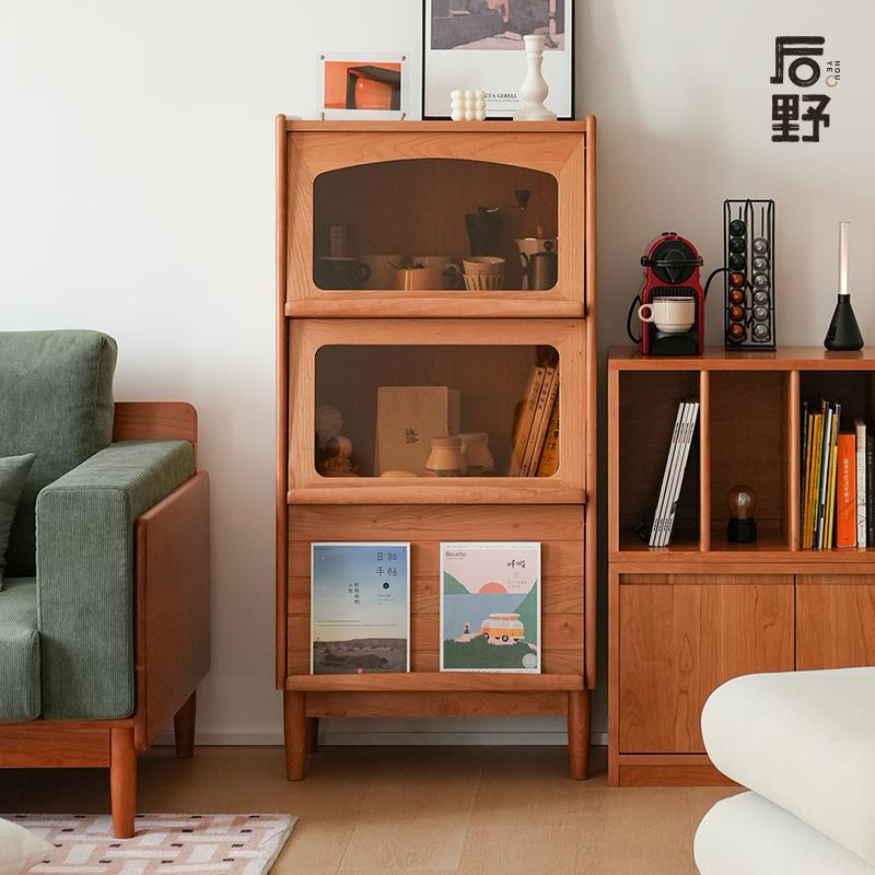 后野实木书柜立柜樱桃木原木日式客厅落地展示杂志柜沙发边柜乐享