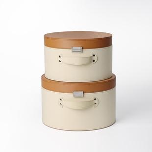 饰品 简约现代样板房高档米咖拼色圆筒收纳盒衣帽间家居皮革软装