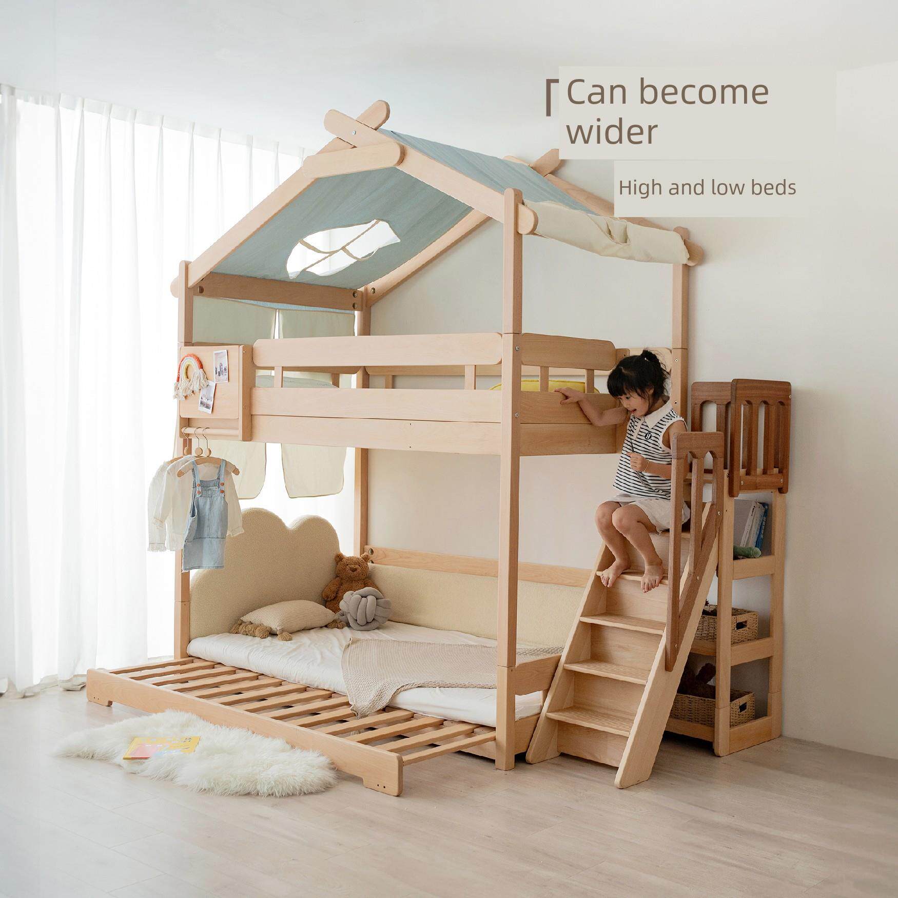 玩梦超人 新型实木高低床上下铺双层床可伸缩变宽儿童子母床树屋