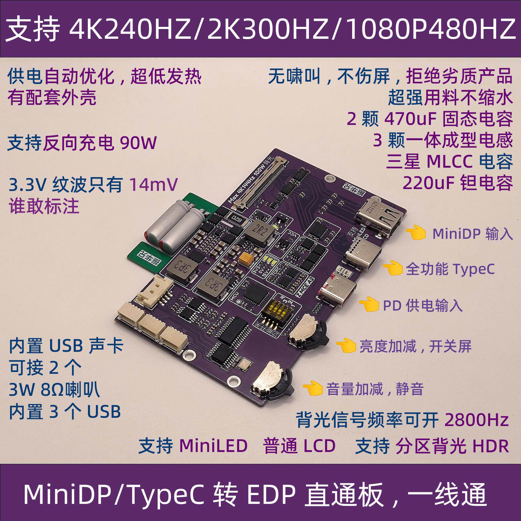 4K 240Hz MiniLED EDP驱动板 笔记本 可携式显示器 DIY 240Hz 300
