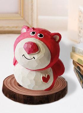 神工巧匠丨可爱粉色草莓熊木雕 桌面摆件手工雕刻 女生创意小礼品