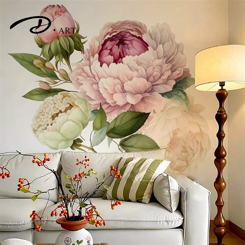 卧室床头复古牡丹花创意墙贴装饰玄关客厅背景墙遮丑贴画自粘防水图片