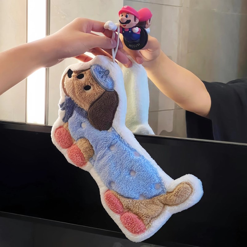 可爱卡通腊肠狗加厚擦手巾u珊瑚绒强吸水挂式毛巾浴室厨房通用面