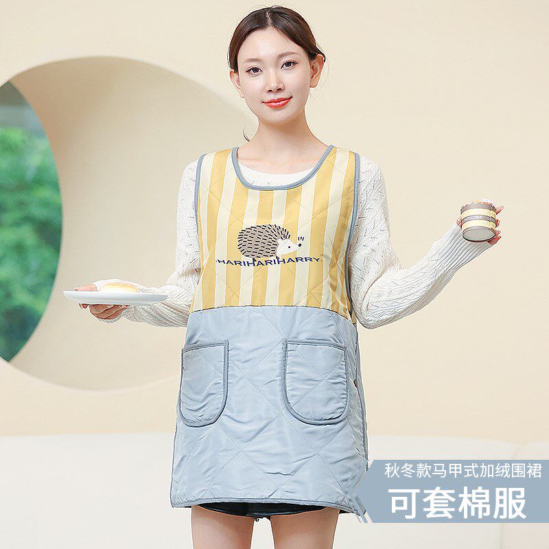 秋冬季短款加绒家用围裙时尚加绒加厚韩版保暖背心女士防水罩衣