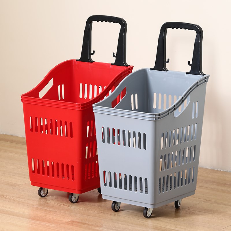 超市购物篮拉杆高背塑料拖篮超大号购物车家用买菜商超带轮篮子筐