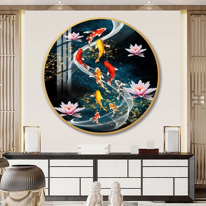 九鱼图入户玄关装饰画轻奢圆形餐厅挂画客厅壁画现代高档招财锦鲤图片