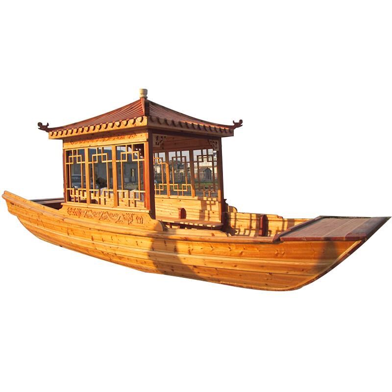 仿古木船电动画舫景区观光手划游船迎亲婚礼摄影水上餐饮房船屋