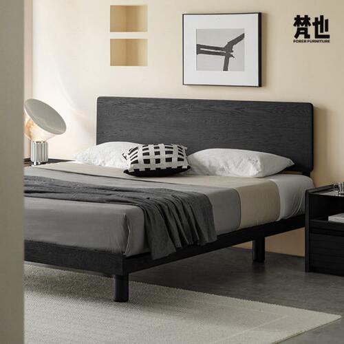 梵也家具超薄床头床黑色白蜡木高脚实木床现代简约主卧双人齐边床