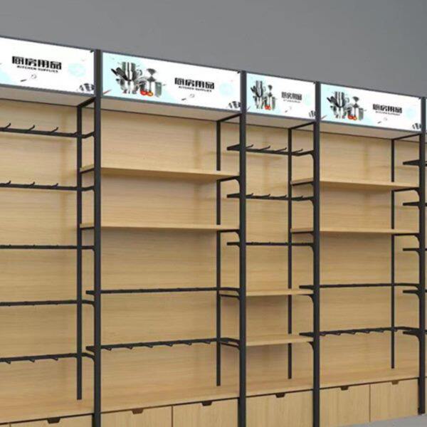 超市货架铁木结合柜单面靠墙可调节展示架带背板多功能商场挂摆架