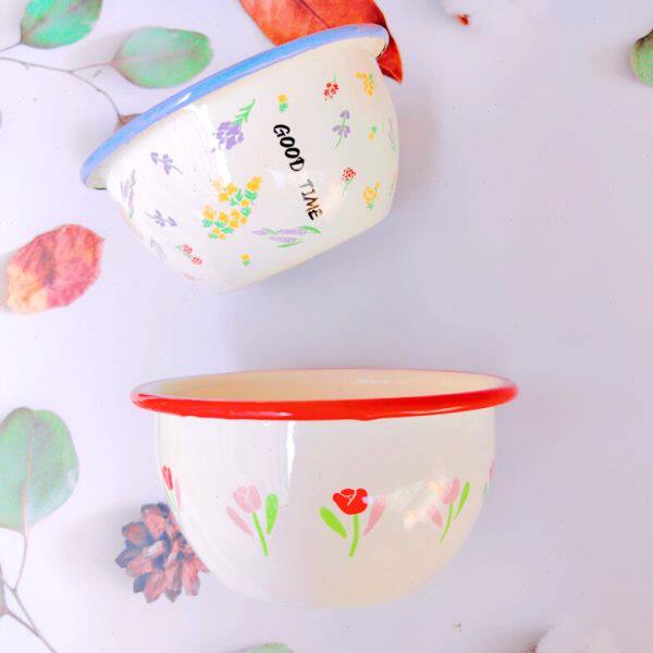 加厚搪瓷碗盘家用老式米饭碗菜盘点心盘铁瓷餐盘摔不碎耐高温