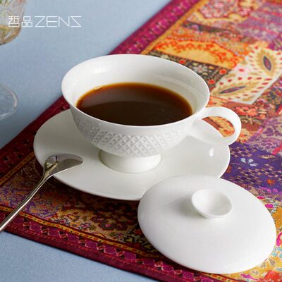 哲品对白单个装杯碟通透骨瓷咖啡杯含勺下午茶茶杯陶瓷带盖家居