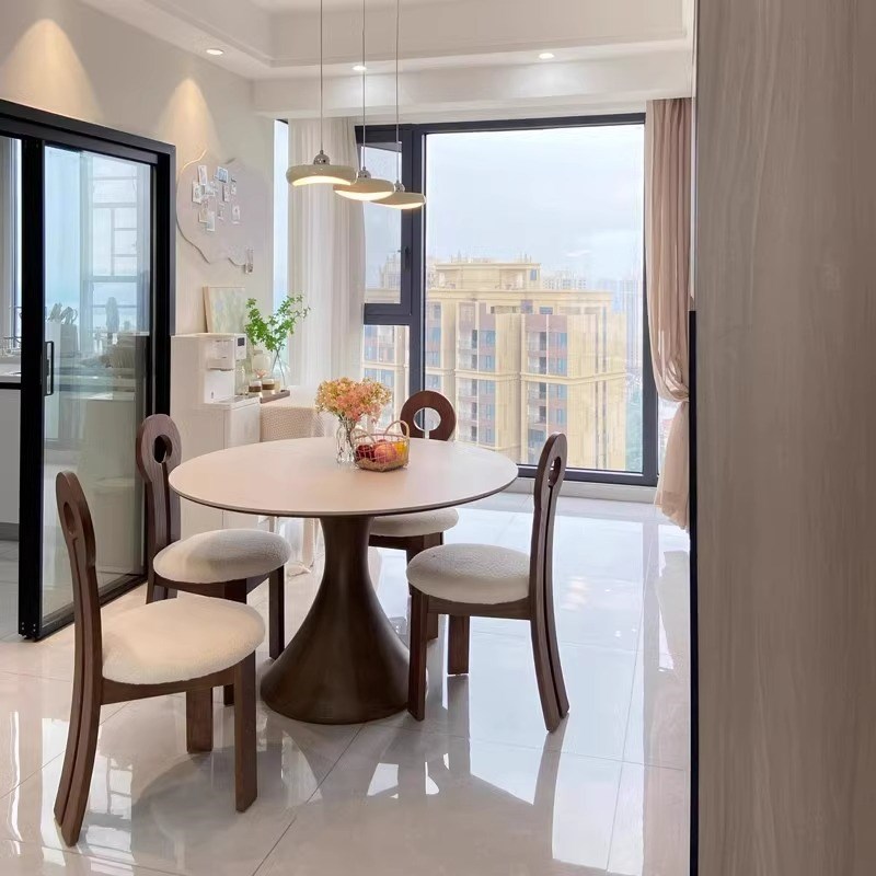 岩板餐桌c圆形家用中古风奶油高端侘寂胡桃木小户型全托实木纯白