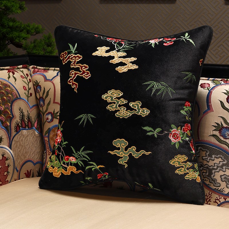 新中式绒布刺绣客厅沙发抱枕中古风复F古靠垫红木椅子床头靠背垫