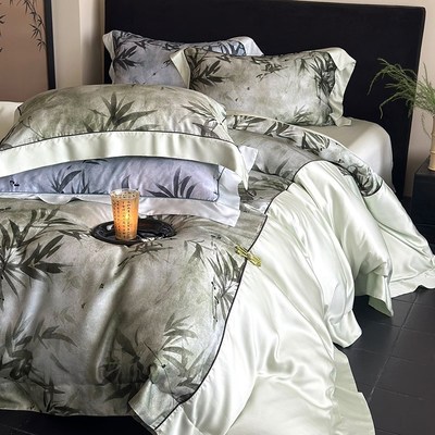 中式古典轻奢竹韵100s长绒棉四y件套 全棉贡缎床单被套床上用品1.
