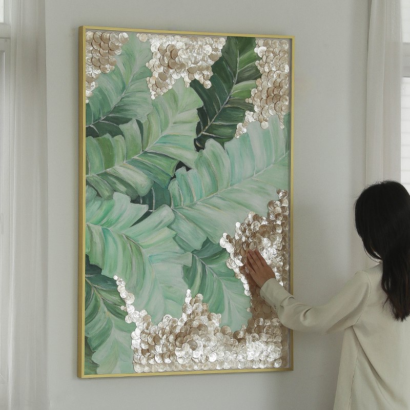 法式高级感玄关走廊客厅贝壳装饰画芭蕉叶手绘艺术油画定制壁挂画图片