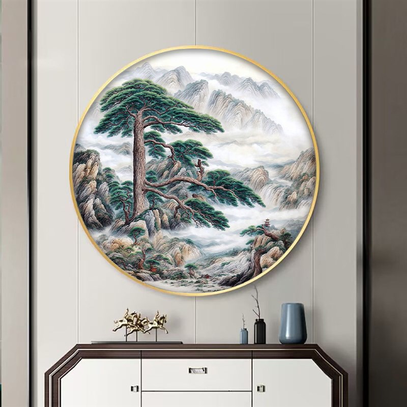 迎客松圆形玄关装饰画现代中式茶室挂画客厅背景墙会所松树壁画图片