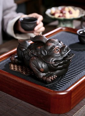 紫陶招财金蟾桌面摆件手工客厅办公室玄关装饰品摆件精品茶宠茶玩