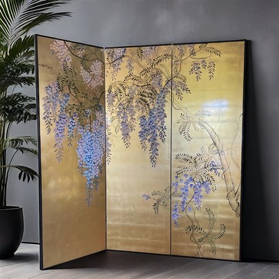 漆画手绘紫藤花金箔屏风客厅茶室摄影装饰新中式简约日式隔断定制
