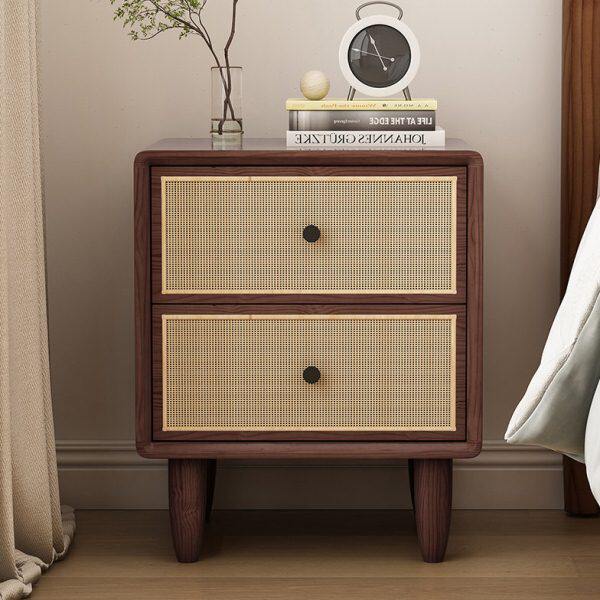实木床头柜北欧胡桃色藤编床边柜原木现代简约复古cm抽屉柜定制