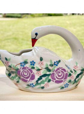 现货　波兰手绘陶瓷　mi工厂艺术家系　紫蔷薇　天鹅笔筒