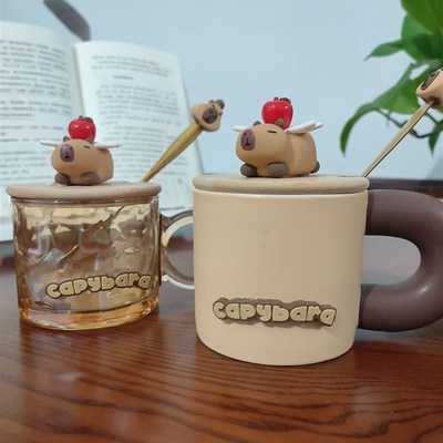 陶瓷玻璃卡皮可爱水豚杯带勺子巴拉马克咖啡早餐奶茶杯