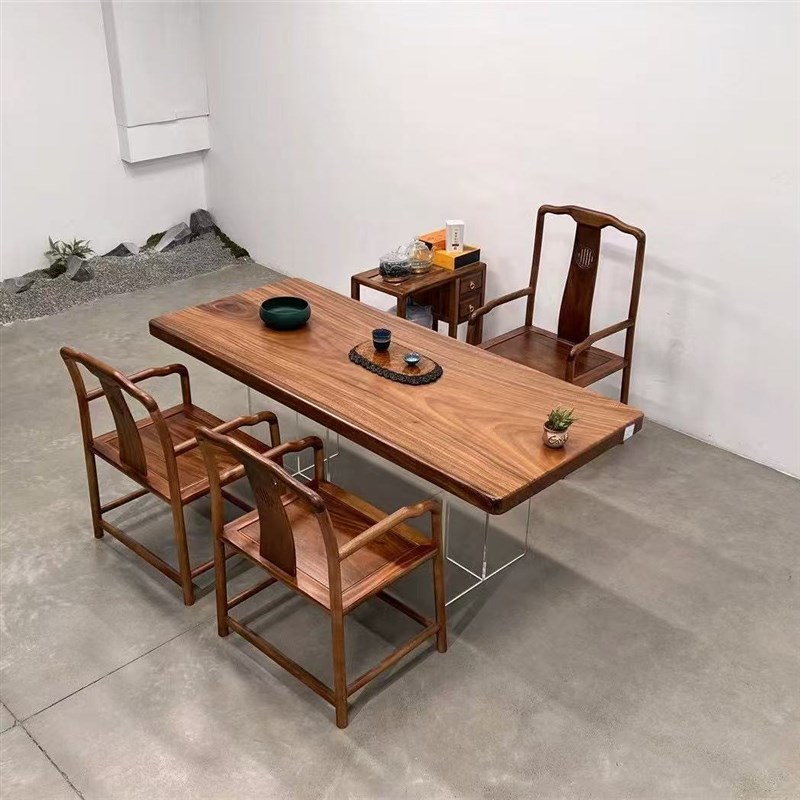 台州大板茶桌实木原木巴花奥坎胡桃木黑檀乌金木餐桌办公桌会议桌