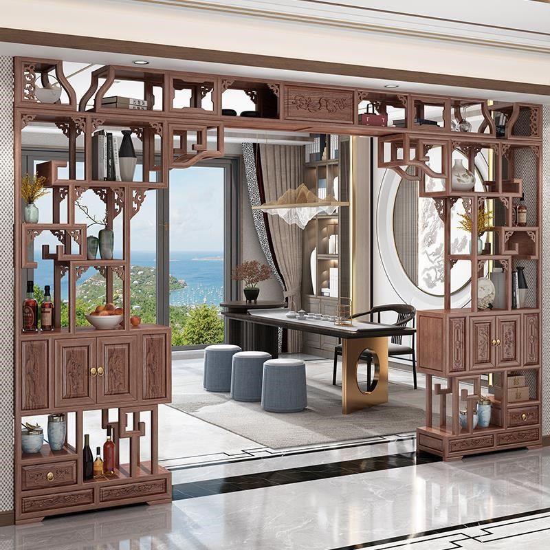 博古架新中式客厅门实木伸缩月洞门隔断背景墙月亮拱门玄关展示柜