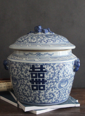手绘喜字陶瓷青花瓷覆古茶叶罐插花彷古中式客厅博古架装饰摆件