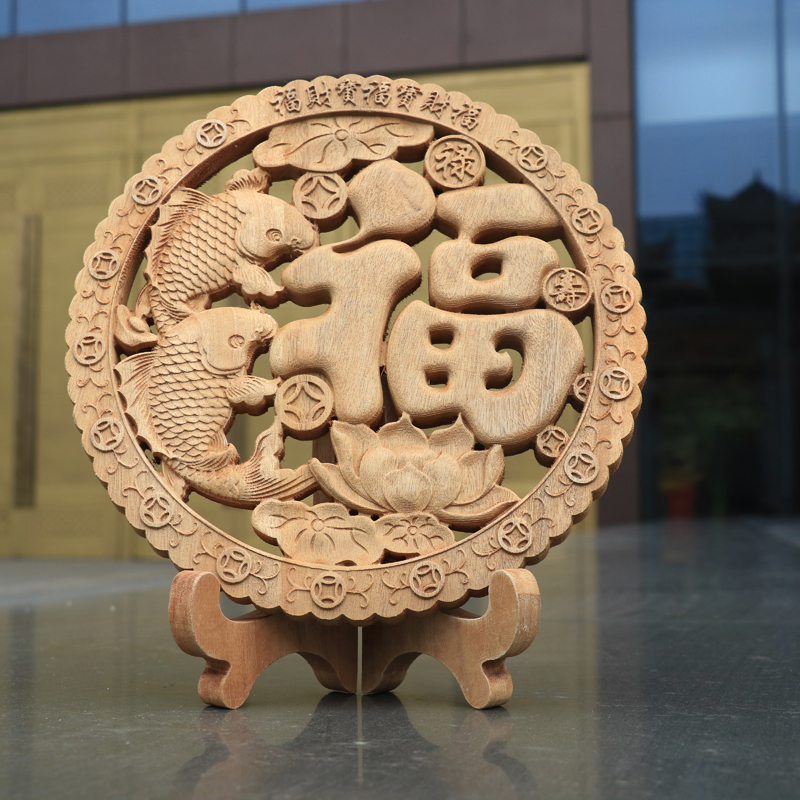 东阳木雕香樟木摆件办公桌子实木壁饰客厅酒柜装饰中式壁挂门对门