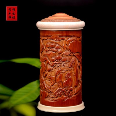 拆房老竹雕茶叶筒张念超本工茶叶罐渔樵耕读茶筒竹制密封罐存茶罐