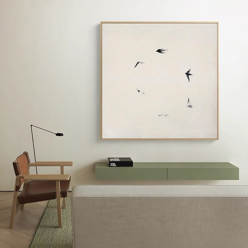现代极简艺术装饰画抽象飞鸟正方形画客厅沙发背景墙餐厅卧室挂画图片