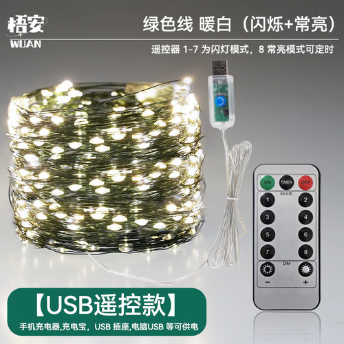 遥控耶诞树灯串绿线铜丝星星彩灯串灯满天星绿植耶诞藤条花环装饰