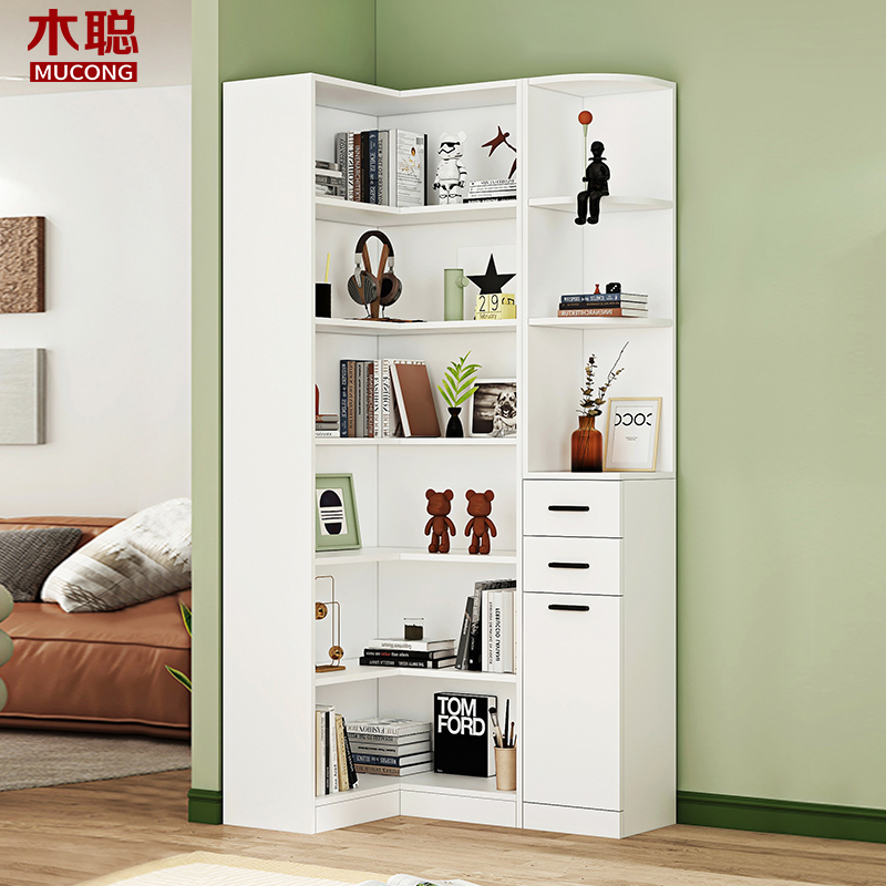 现代简约90度转角书柜带门置物柜一体组合拐角书架开放式收纳柜