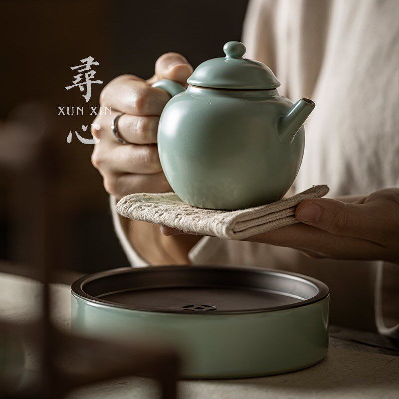 寻心天青汝窑将军壶开片可养家用冲茶器陶瓷功夫茶具泡茶壶礼盒装
