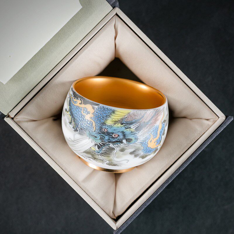 羊脂玉主人杯鎏金青龙盘龙茶杯茶具仿古礼盒男士杯描金品茗杯陶瓷