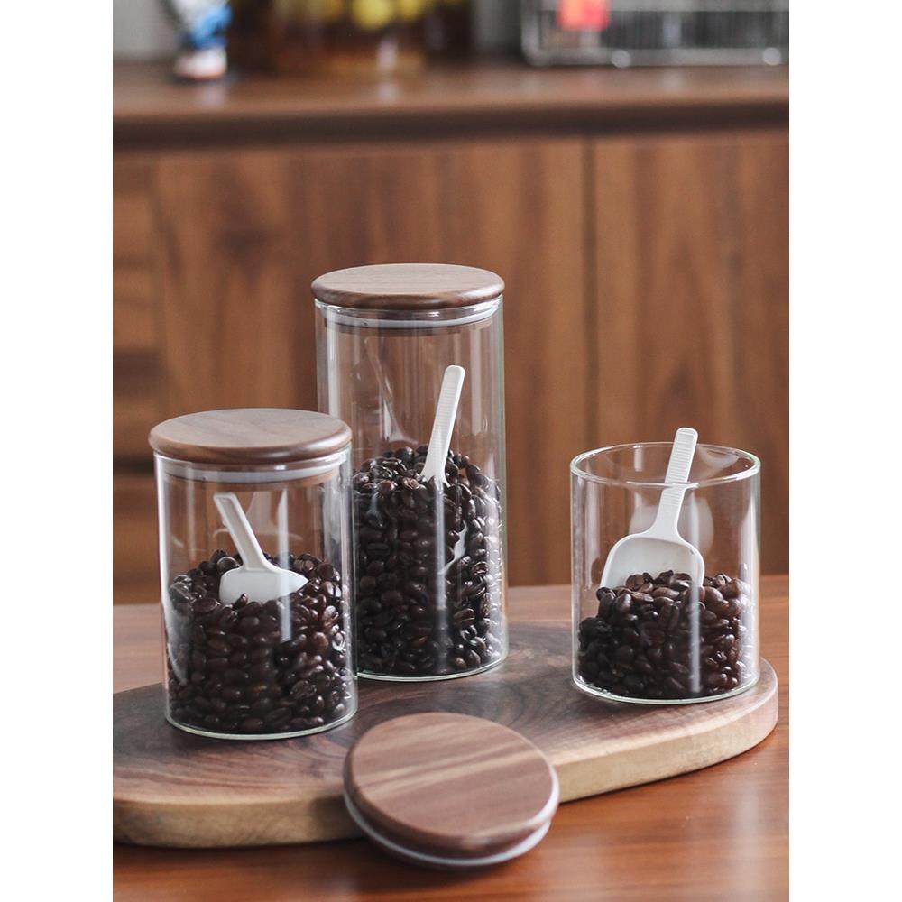 黑胡桃盖咖啡豆密封罐与匙咖啡粉罐玻璃储存罐厨房家用调味罐,厨房/烹饪用具,密封罐,淘宝优惠券,粉丝福利购,淘宝优惠卷