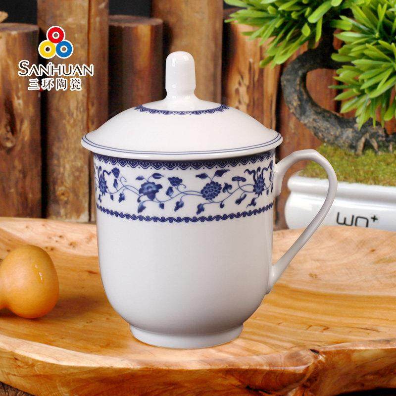 三环陶瓷 青花釉中彩大容量带盖会议办公定制茶水杯子 耐热个人,餐饮具,茶杯,淘宝优惠券,粉丝福利购,淘宝优惠卷