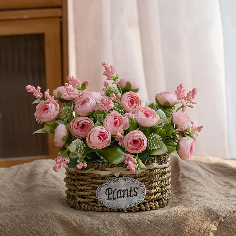 家居田园风编织花篮假花彷真花摆设客厅花摆件餐桌花摆花绿植插花