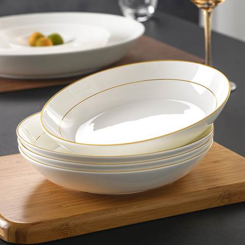 骨瓷深盘中式手绘金边盘子7寸盘子高级感轻奢8寸家用微波炉专用盘